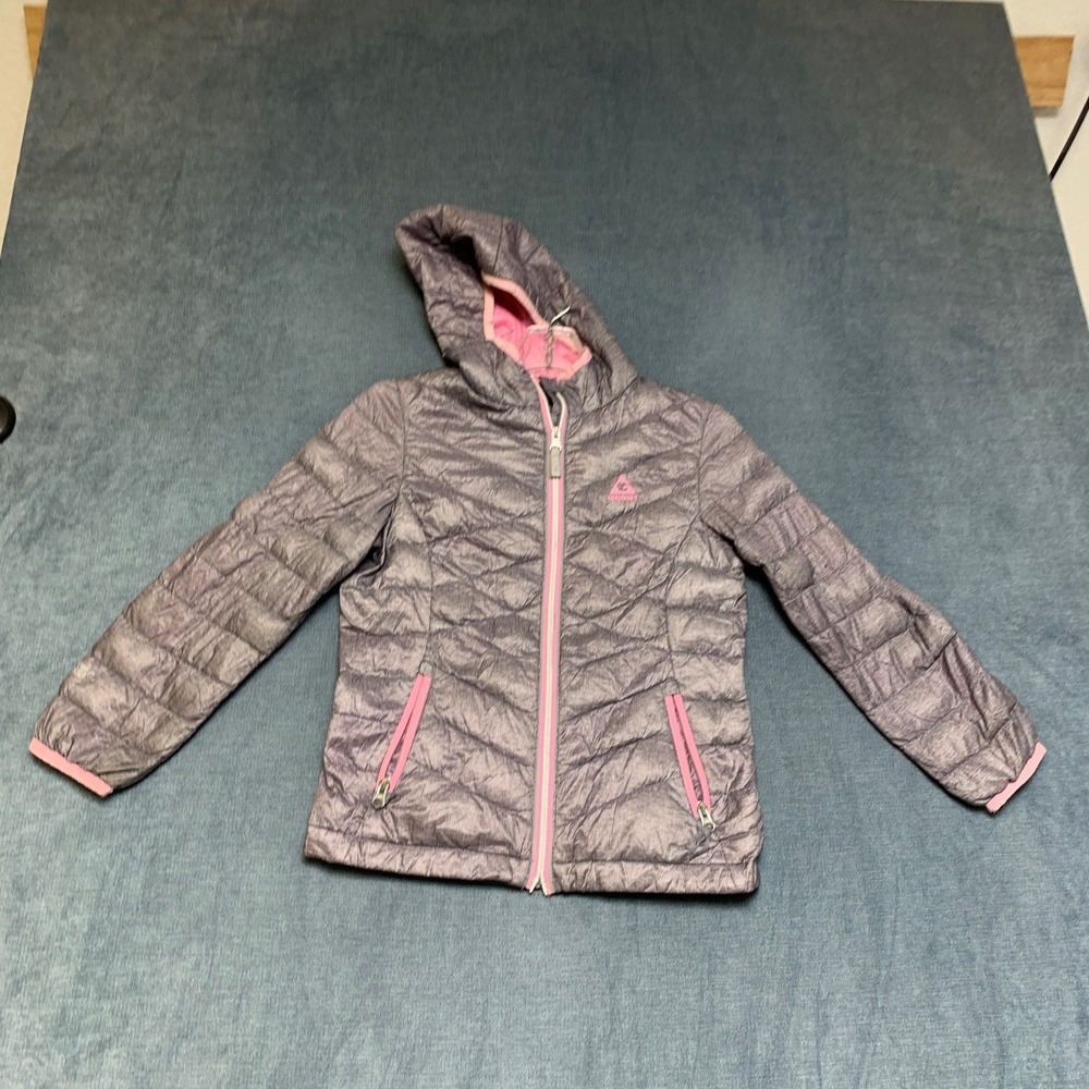 Gerry Puffer Jacket Girls Small Gray Logo Full Zip Hooded Outdoor Quilted Lined